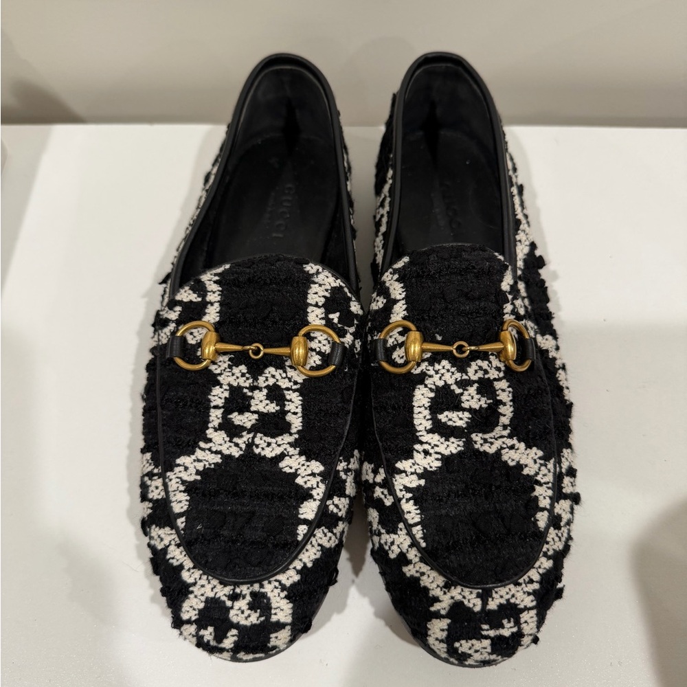 Gucci Black and Cream Women's Loafers with Gold Detail